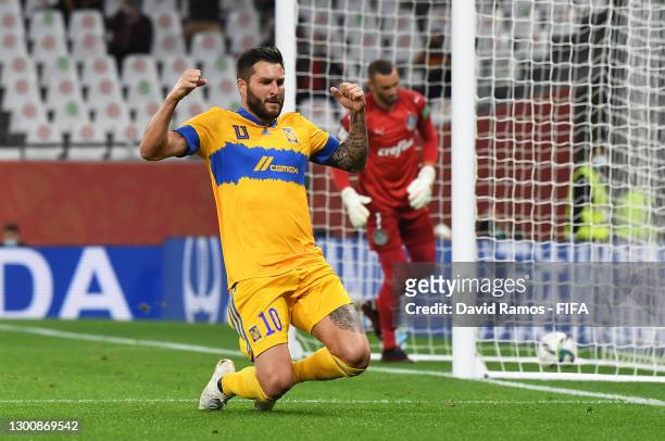 Andre-Pierre Gignac of Tigres UANL celebrates after scoring their team's first goal during the FIFA Club World Cup Qatar 2002 Semi-Final match...