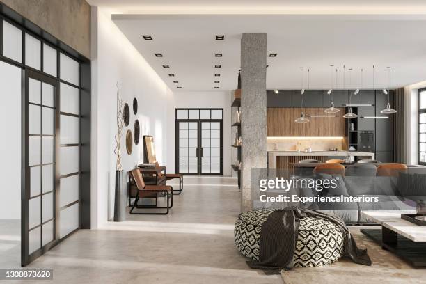 modern loft apartment interior - wide angle house stock pictures, royalty-free photos & images