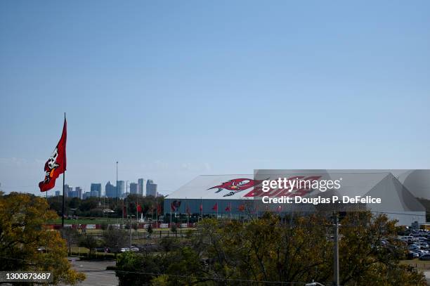 General view of the Tampa Bay Buccaneers training facility and the Tampa skyline prior to Super Bowl LV at Raymond James Stadium on February 07, 2021...