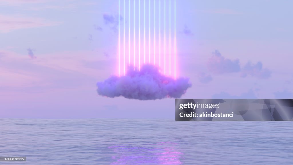 Neon Lightning Glowing Lines und Wolke über dem Meer