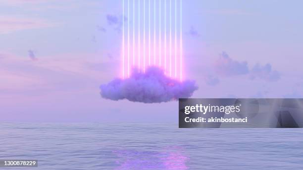 neon lightning glowing lines und wolke über dem meer - blue digital background stock-fotos und bilder