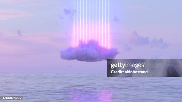 neon bliksem gloeiende lijnen en wolk over de zee - plan 3d stockfoto's en -beelden