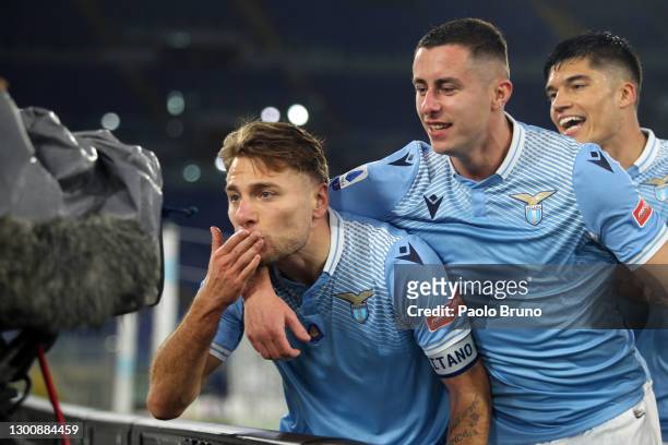 Ciro Immobile of SS Lazio celebrates with team mate Adam Marusic after scoring their side's first goal during the Serie A match between SS Lazio and...