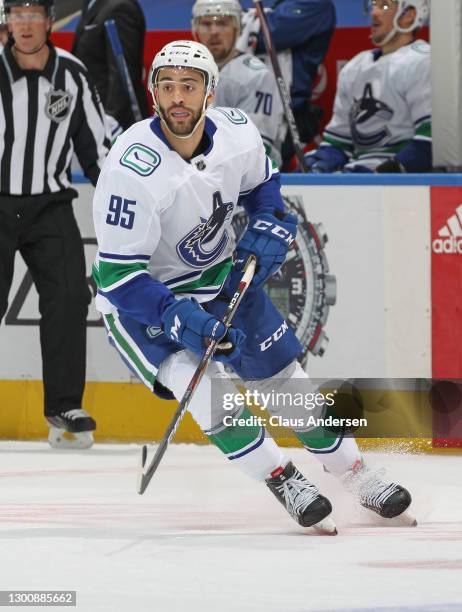 Justin Bailey of the Vancouver Canucks skates against the Toronto Maple Leafs during an NHL game at Scotiabank Arena on February 6, 2021 in Toronto,...