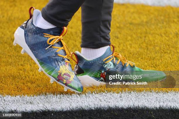 Detail view of the cleats worn by Juan Thornhill of the Kansas City Chiefs before Super Bowl LV against the Tampa Bay Buccaneers at Raymond James...
