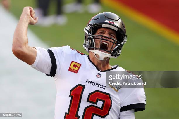 Tom Brady of the Tampa Bay Buccaneers shouts as he takes the field before Super Bowl LV against the Kansas City Chiefs at Raymond James Stadium on...