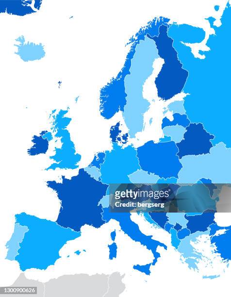 illustrazioni stock, clip art, cartoni animati e icone di tendenza di mappa dell'europa. illustrazione blu vettoriale con paesi e confini geografici nazionali - la comunità europea