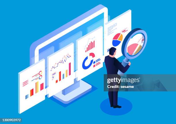 business investor holding a magnifying glass analyzer board table data chart - isometric projection graph stock illustrations