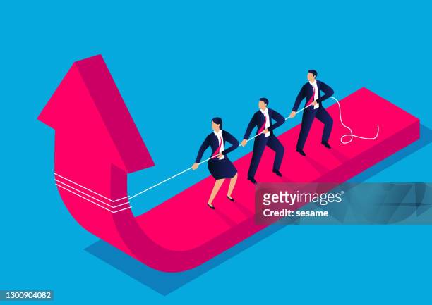 isometric business team struggles with the falling arrow and changes the direction of the arrow - effort stock illustrations