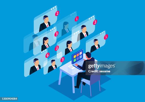 stockillustraties, clipart, cartoons en iconen met isometrische videoconferentie, online zakelijke bijeenkomst en online communicatie - zakenbijeenkomst