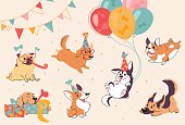 Dog birthday party. Puppies of different breeds at the party, labrador, corgi, shepherd, pug, american bulldog, retriever. The dogs are wearing 
cones, sunglasses. Cartoon set for design feast. Vector