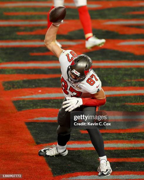 Rob Gronkowski of the Tampa Bay Buccaneers spikes the ball after scoring a 17 yard touchdown in the second quarter against the Kansas City Chiefs in...