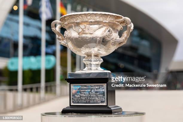 The Norman Brookes Challenge Cup at the trophy arrival ceremony during day one of the 2021 Australian Open at Melbourne Park on February 08, 2021 in...