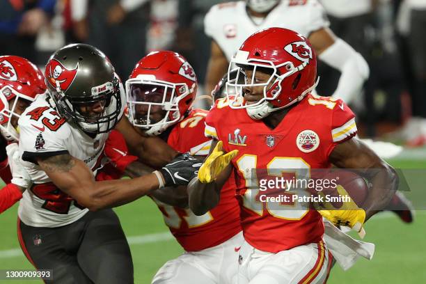 Byron Pringle of the Kansas City Chiefs runs with the ball in the first quarter against the Tampa Bay Buccaneers in Super Bowl LV at Raymond James...