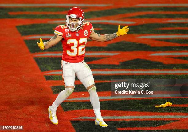 Tyrann Mathieu of the Kansas City Chiefs reacts after a penalty call in the second quarter against the Tampa Bay Buccaneers in Super Bowl LV at...