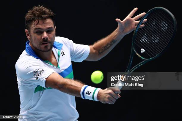 Stan Wawrinka of Switzerland plays a backhand in his Men's Singles first round match against Pedro Sousa of Portugal during day one of the 2021...