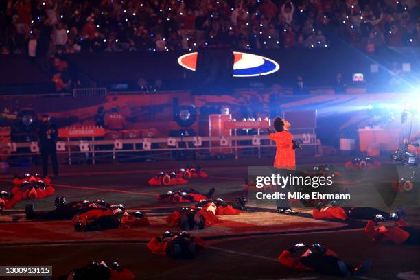 The Weeknd performs during the Pepsi Super Bowl LV Halftime Show at Raymond James Stadium on February 07, 2021 in Tampa, Florida.