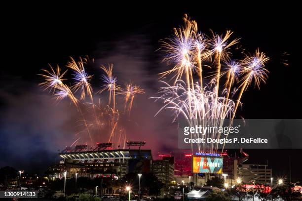 Fireworks explode over Raymond James Stadium at half time during Super Bowl LV between the Tampa Bay Buccaneers and Kansas City Chiefs on February...