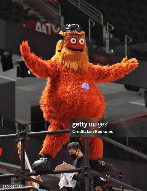 Gritty the mascot of the Philadelphia Flyers reacts during an NHL game against the Boston Bruins at the Wells Fargo Center on February 3, 2021 in...