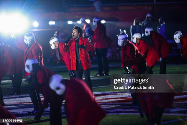 The Weeknd performs during the Pepsi Super Bowl LV Halftime Show at Raymond James Stadium on February 07, 2021 in Tampa, Florida.