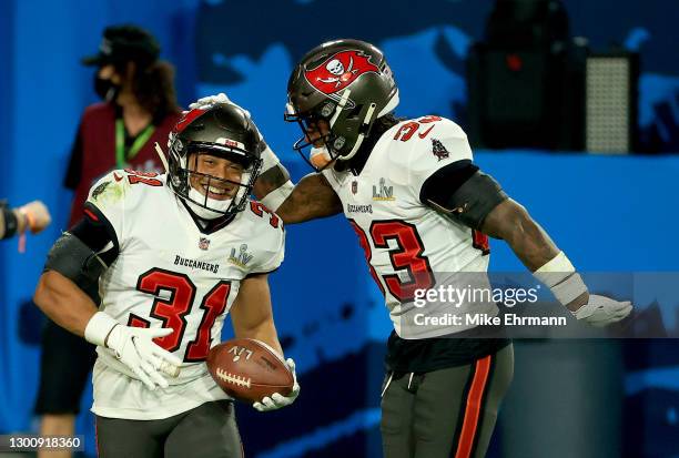 Antoine Winfield Jr. #31 of the Tampa Bay Buccaneers reacts after an interception in the third quarter against the Kansas City Chiefs in Super Bowl...