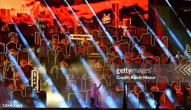 The Weeknd performs onstage during the Pepsi Super Bowl LV Halftime Show at Raymond James Stadium on February 07, 2021 in Tampa, Florida.