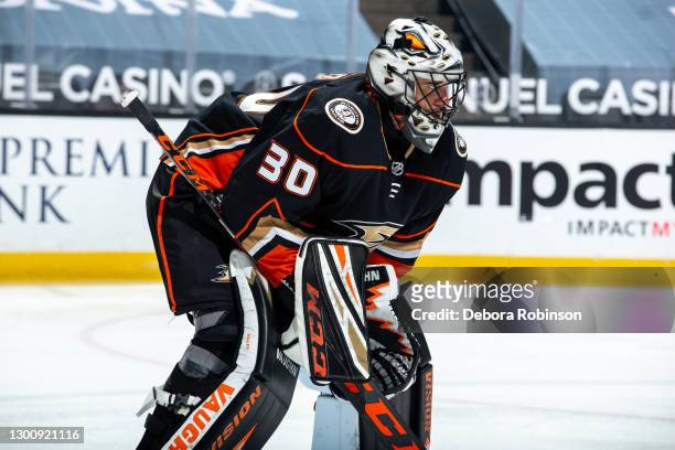 Goaltender Ryan Miller of the Anaheim Ducks waits for play to resume during the first period of the game against the San Jose Sharks at Honda Center...