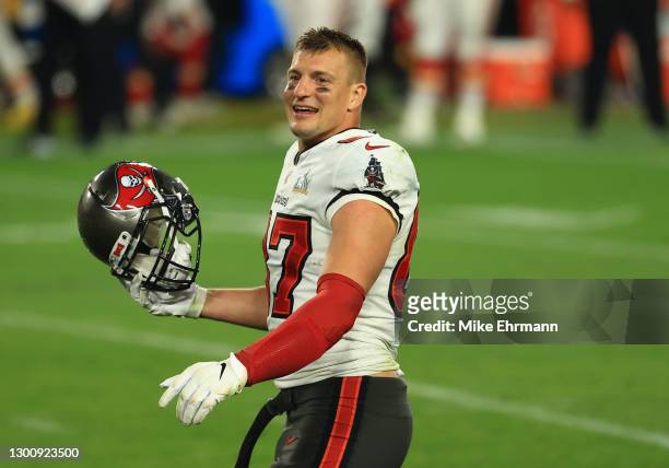 Rob Gronkowski of the Tampa Bay Buccaneers reacts after defeating the Kansas City Chiefs in Super Bowl LV at Raymond James Stadium on February 07,...
