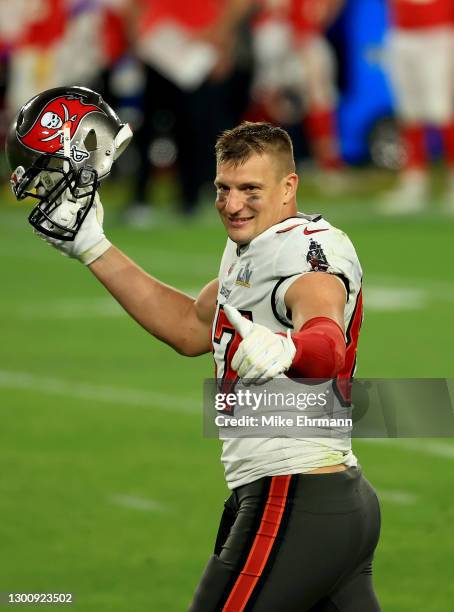 Rob Gronkowski of the Tampa Bay Buccaneers reacts after defeating the Kansas City Chiefs in Super Bowl LV at Raymond James Stadium on February 07,...