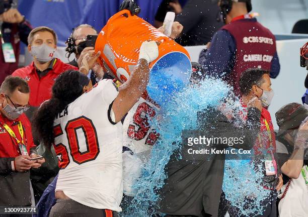 Head coach Bruce Arians of the Tampa Bay Buccaneers has Gatorade dumped on him after winning Super Bowl LV against the Kansas City Chiefs at Raymond...
