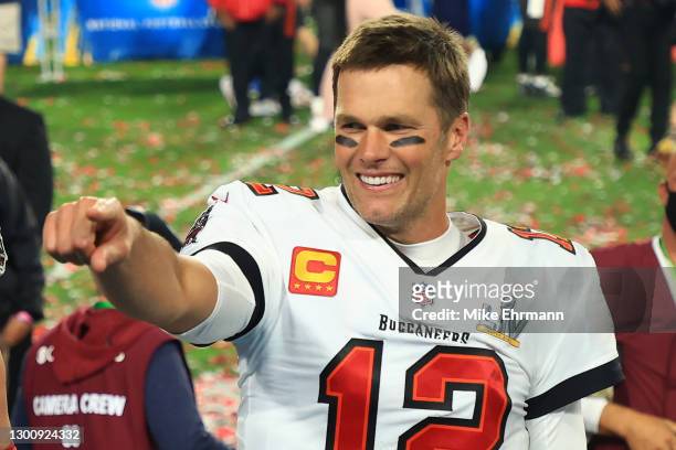 Tom Brady of the Tampa Bay Buccaneers celebrates after defeating the Kansas City Chiefs in Super Bowl LV at Raymond James Stadium on February 07,...