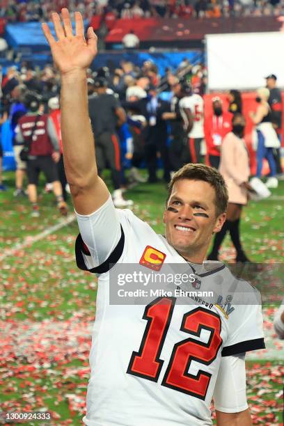 Tom Brady of the Tampa Bay Buccaneers celebrates after defeating the Kansas City Chiefs in Super Bowl LV at Raymond James Stadium on February 07,...