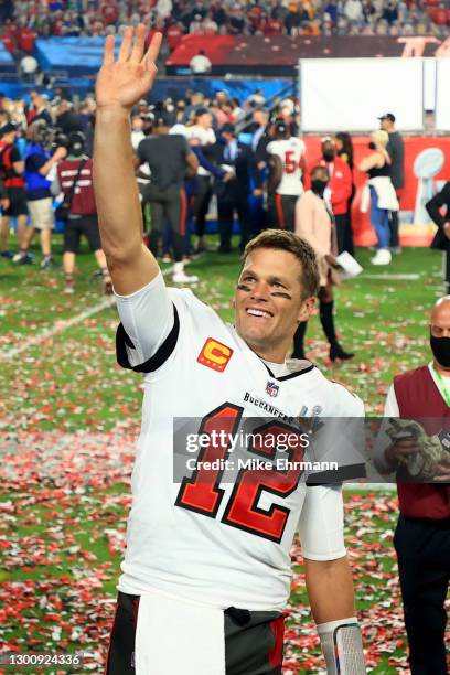 Tom Brady of the Tampa Bay Buccaneers celebrates after defeating the Kansas City Chiefs in Super Bowl LV at Raymond James Stadium on February 07,...