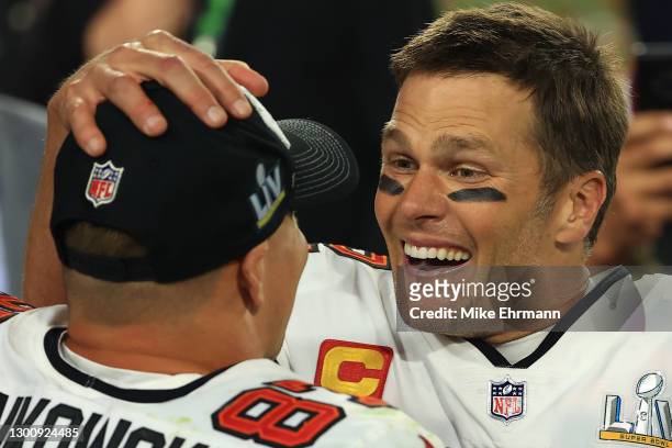 Tom Brady and Rob Gronkowski of the Tampa Bay Buccaneers celebrate winning Super Bowl LV against the Kansas City Chiefs at Raymond James Stadium on...