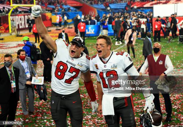 Rob Gronkowski and Tom Brady of the Tampa Bay Buccaneers celebrate after defeating the Kansas City Chiefs in Super Bowl LV at Raymond James Stadium...