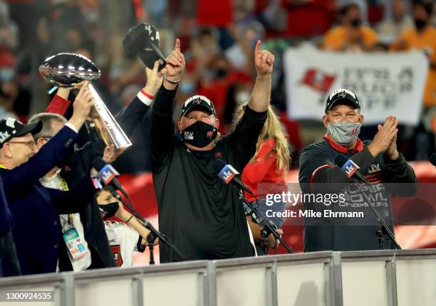 Head coach Bruce Arians of the Tampa Bay Buccaneers celebrates after defeating the Kansas City Chiefs in Super Bowl LV at Raymond James Stadium on...