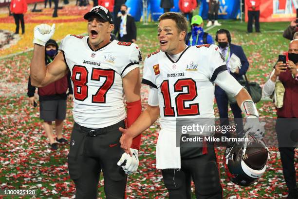 Tom Brady and Rob Gronkowski of the Tampa Bay Buccaneers celebrate winning Super Bowl LV at Raymond James Stadium on February 07, 2021 in Tampa,...