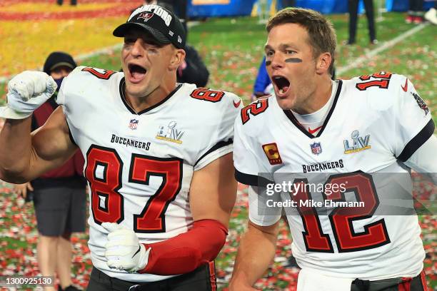 Tom Brady and Rob Gronkowski of the Tampa Bay Buccaneers celebrate winning Super Bowl LV at Raymond James Stadium on February 07, 2021 in Tampa,...