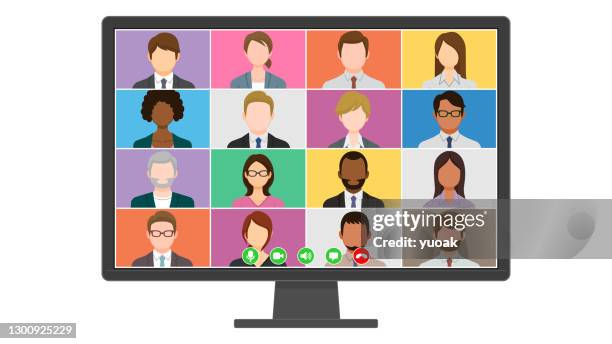 ilustraciones, imágenes clip art, dibujos animados e iconos de stock de videoconferencia de empresarios en la pantalla del ordenador - conferencia web