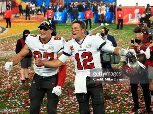 Rob Gronkowski and Tom Brady of the Tampa Bay Buccaneers celebrate after defeating the Kansas City Chiefs in Super Bowl LV at Raymond James Stadium...