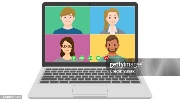 people video conference on laptop computer - asian man using computer stock illustrations