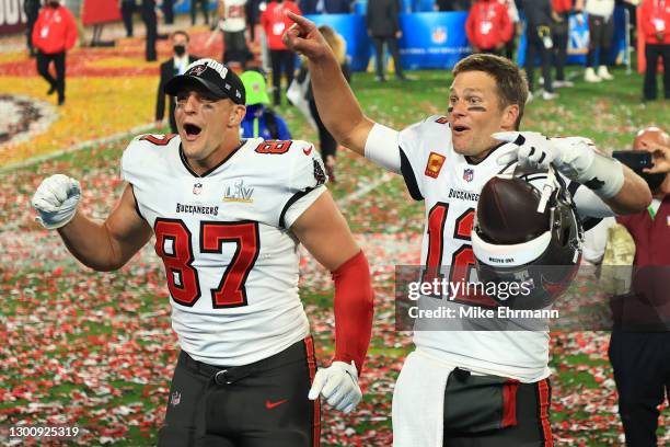 Rob Gronkowski and Tom Brady of the Tampa Bay Buccaneers celebrate winning Super Bowl LV at Raymond James Stadium on February 07, 2021 in Tampa,...