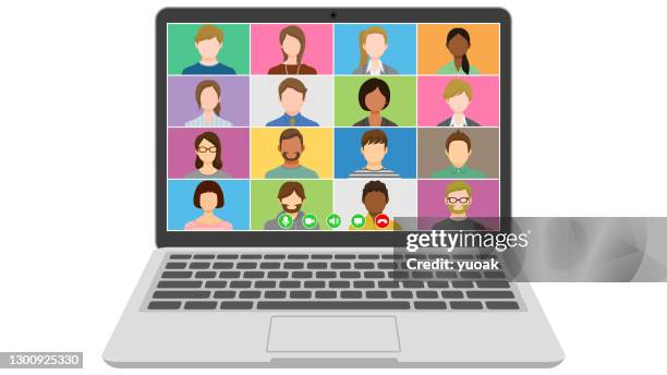 people video conference on laptop computer - asian man using computer stock illustrations