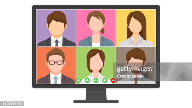 business people video conference on computer screen - asian man using computer stock illustrations