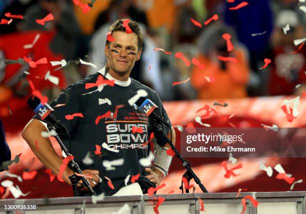 Tom Brady of the Tampa Bay Buccaneers signals after winning Super Bowl LV at Raymond James Stadium on February 07, 2021 in Tampa, Florida.