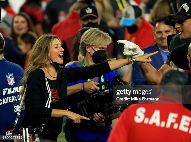 Gisele Bundchen, wife of Tom Brady of the Tampa Bay Buccaneers, celebrates after the Buccaneers defeated the Kansas City Chiefs 31-9 in Super Bowl LV...