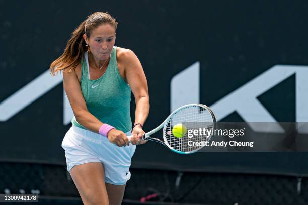 Daria Kasatkina of Russia plays a backhand in her Women's Singles first round match against Katie Boulter of Great Britain during day one of the 2021...