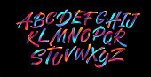 Full color handwriting paint brush lettering latin alphabet letters. Vector illustration
