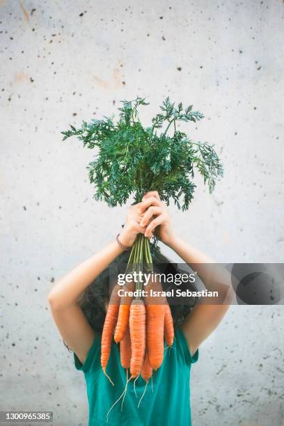 front view image of an unrecognizable girl holding carrots in front of her face. healthy and wholesome food concept. - arm made of vegetables stock pictures, royalty-free photos & images