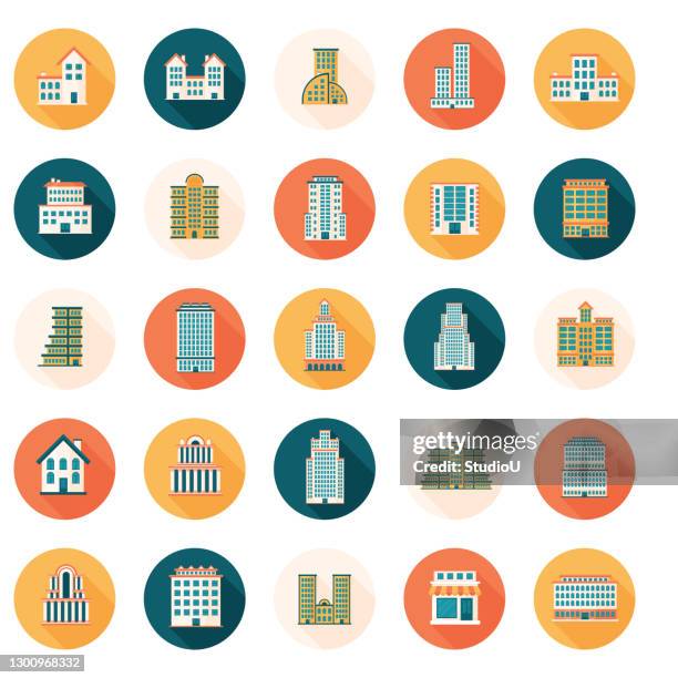 ilustrações de stock, clip art, desenhos animados e ícones de buildings flat design icon set - edifício de escritórios